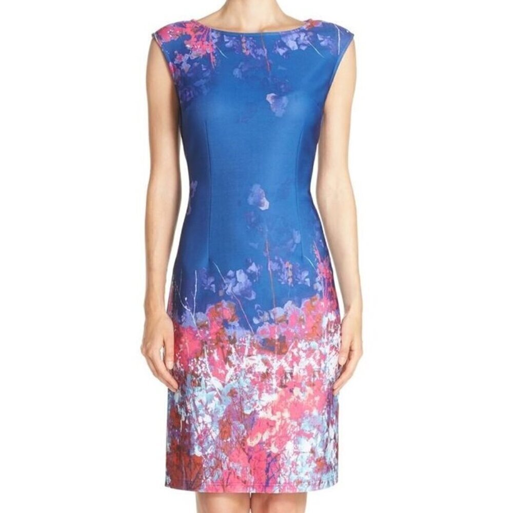 ADRIANNA PAPELL  Floral Print Scuba Sheath Dress Women's Blue Size 8 Above Knee